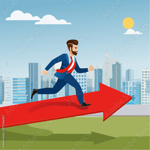Un homme d'affaire qui court le long d'une courbe graphique rouge ascendante en forme de flèche, en arrière plan une ville moderne constituée de gratte-ciels, concept hausse, tendance, croissance