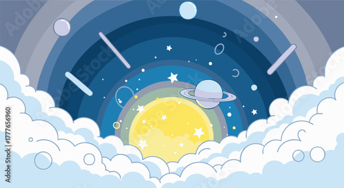 A whimsical cartoon sky with fluffy clouds, a rainbow arc, planets, stars, and geometric shapes