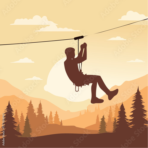 Homme suspendu dans le vide à une tyrolienne, sapins, vallée, impressionnant, sport extrême, loisir