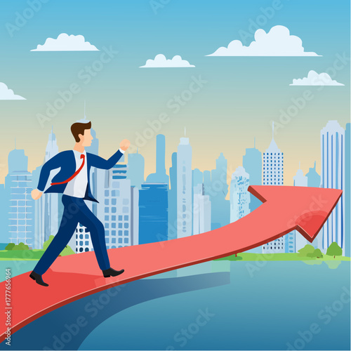 Un homme d'affaire qui court le long d'une courbe graphique rouge ascendante en forme de flèche, en arrière plan une ville moderne constituée de gratte-ciels, concept hausse, tendance, croissance