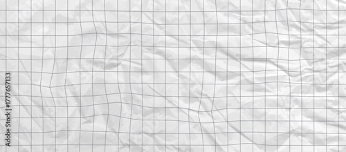 Notebook white paper bg showing crumpled folds and grey grid pattern. Realistic texture used for craft, collage, scrapbook, or education background design emphasizing handmade note style. Vector