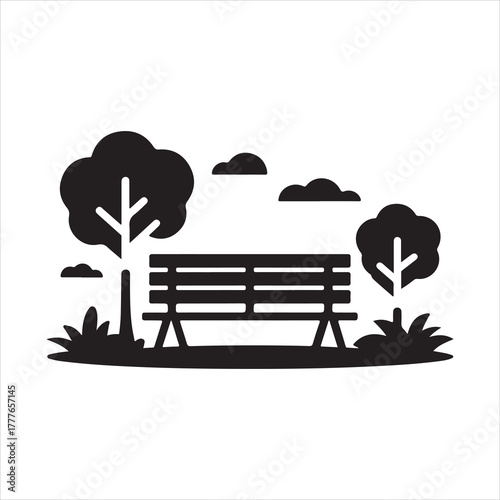 Minimalist park bench with trees and clouds symbolizing relaxation, greenery, and natural outdoor environment illustration