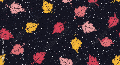 A whimsical pattern featuring brightly colored fall leaves in pink and yellow scattered across a dark, speckled background