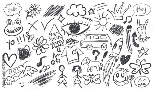 Set of hand drawn sketches with cartoon elements, chalk and crayon scribbles, rough marker drawings, vector illustrations for poster design and social media for children or teenagers