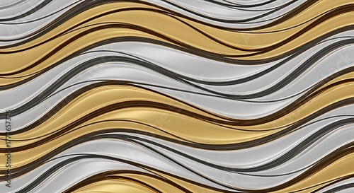 Abstract flowing waves of gold silver and black metallic texture image