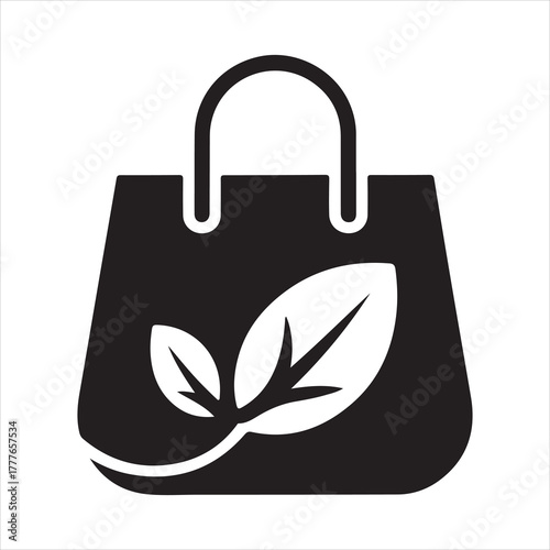 Minimalist eco bag icon with leaf element symbolizing green shopping and sustainable environmental design
