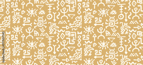 Ethnic african mexican or maya tribal seamless pattern with white on beige bg human figure, spiral, bug and eye icons. Vector background showing aztec symbols or arrow, sun, ocean wave and monkey