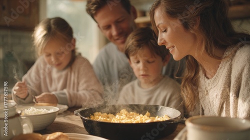 Family of four - a father, mother, and two young children - sitting at a kitchen table and enjoying a meal together.