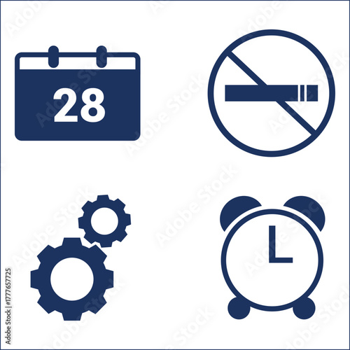 Calendar date no smoking sign gears and alarm clock icons in dark blue