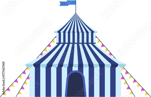 Circus tent illustration with striped blue and white pattern