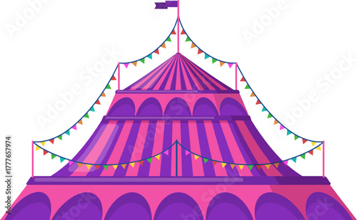 Pink purple striped circus tent with bunting flags