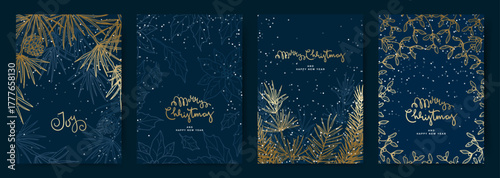 Christmas cards set. Hand drawn winter blue backgrounds with snow and golden fir branches. Abstract trendy vector illustration