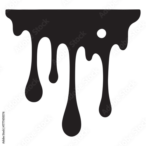 Black paint is dripping down a white background, creating an abstract and artistic visual effect with its irregular shapes and flowing movement