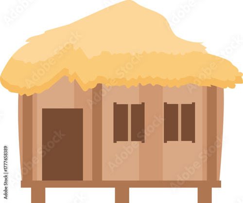 Traditional village hut with thatched roof on stilts