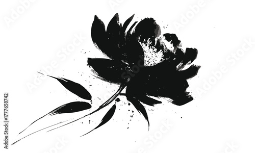 Black ink peony painting – traditional Asian sumi-e flower art with expressive brush strokes