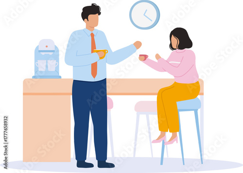 Colleagues having coffee break and talking at office