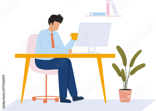 Businessman working computer desk taking coffee break