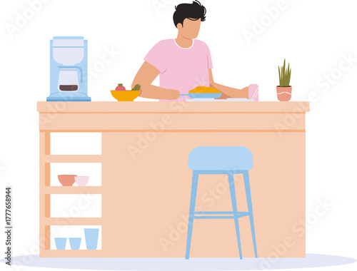 Man preparing breakfast at kitchen counter with coffee maker