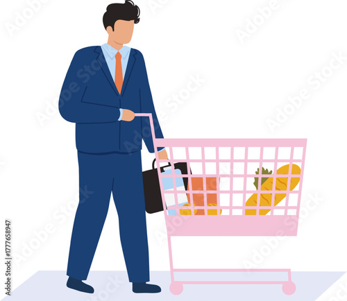 Businessman shopping for groceries in a supermarket with a shopping cart
