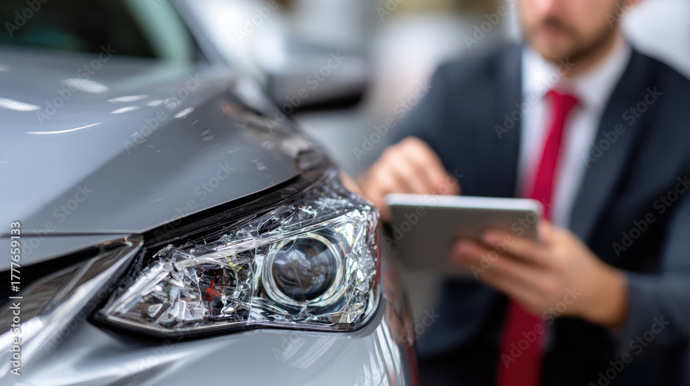 Obraz premium Focused insurance agent inspects car for an accident damage estimate. professional claims adjuster uses tablet to assess vehicle for repair quote