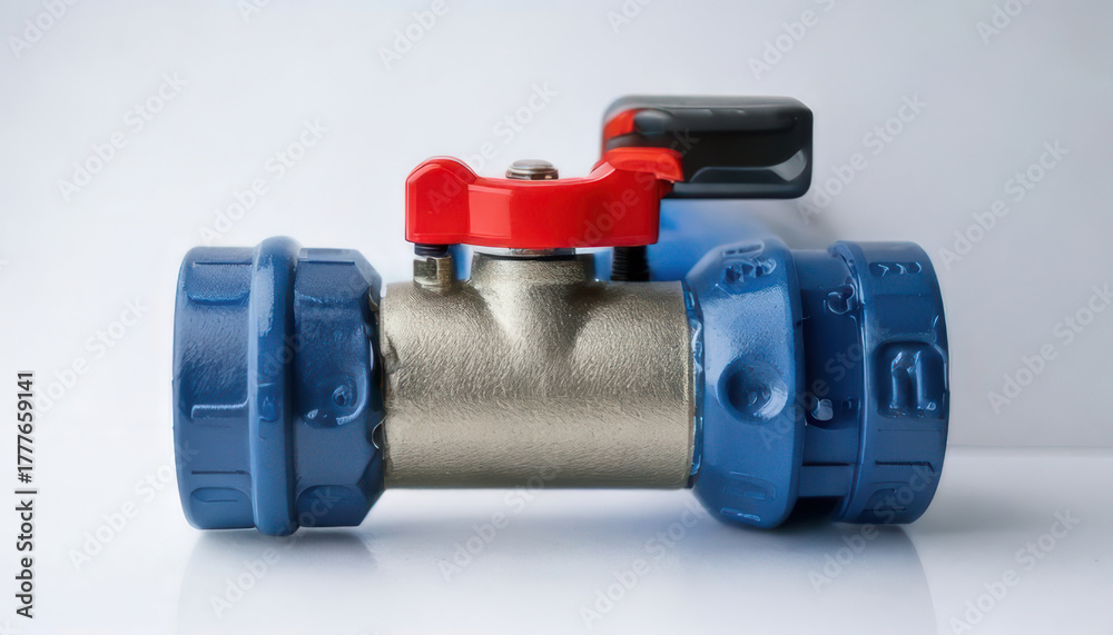 Fototapeta premium Blue metal ball valve for clean hydrogen production. Industrial pipe fitting providing essential flow control key component for new energy technology and manufacturing systems