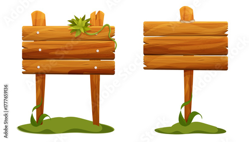 Wooden signposts, empty board textured wood plank.Wood plank set frame game signpost, farm garden or jungle pointing panel. Set menu ui design. Outdoor empty textured arrow