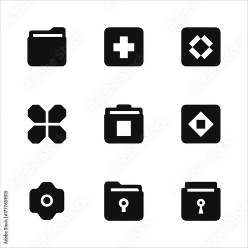 Collection of nine black computer icons on a