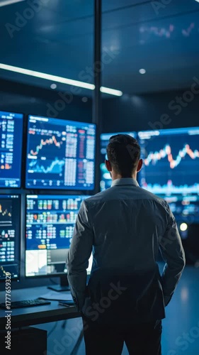 A man wearing a suit jacket stands facing a bank of computer screens displaying stock market charts in a dark, modern office environment.