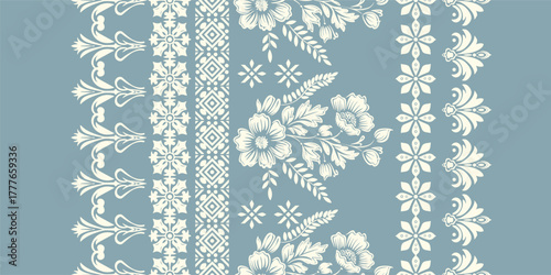 floral pattern vintage ethnic modern embroidery texture boho design vector illustration hand drawn pink flower motif branches leaves wallpaper seamless background border.	