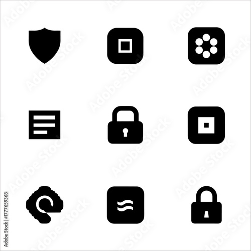 Set of nine black security and interface icons