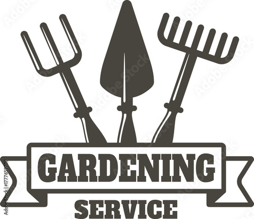 Gardening service logo with various garden tools