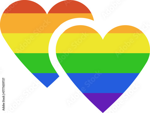 Two hearts with rainbow flag colors showing love concept