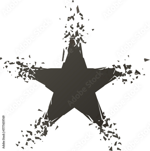 Black star shattering into fragments on white background
