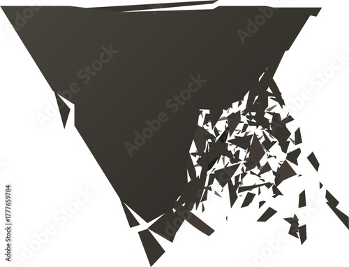 Dark grey triangle shape fragmenting into many pieces