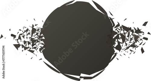 Dark circle exploding into abstract fragments on white background