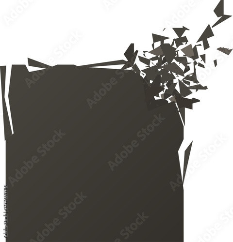 Dark geometric shape exploding and shattering into fragments