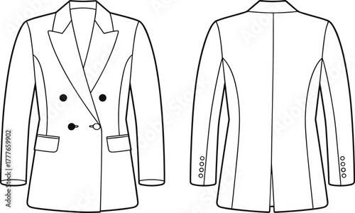 Double breasted blazer coat fashion flat, technical jacket CAD drawing template, vector garment illustration front and back, clothing design sketch