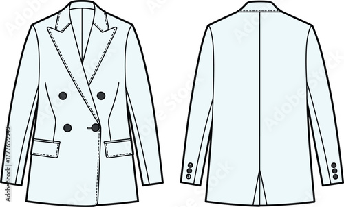 Double breasted blazer coat fashion flat, tailored jacket CAD drawing template, vector garment illustration front and back, clothing sketch