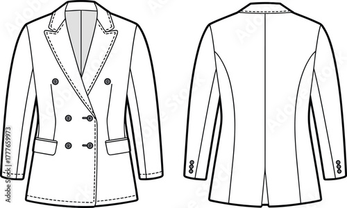 Double breasted blazer fashion flat, tailored jacket CAD drawing, front and back clothing template, vector coat illustration, garment sketch