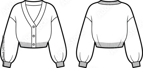 Cropped button-front cardigan technical sketch, knitwear flat template, fashion CAD drawing, apparel design vector, front and back clothing illustration, flat vector