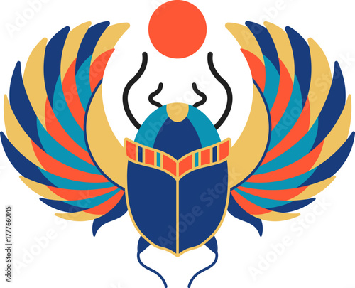 Scarab beetle flying with sun symbolizing rebirth in Ancient Egypt