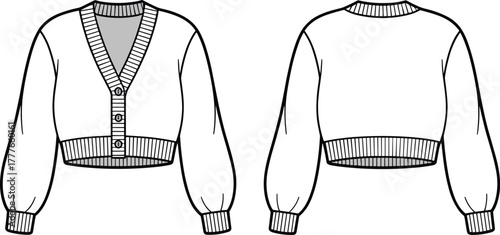 Cropped button-front cardigan technical sketch, knitwear flat template, fashion CAD drawing, apparel design vector, front and back view illustration, flat vector