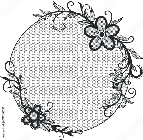 Black lace circle frame with floral ornament