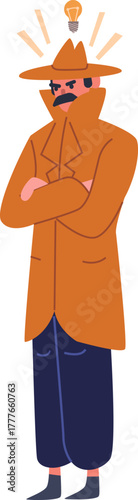 Detective solving mystery having new creative idea lightbulb