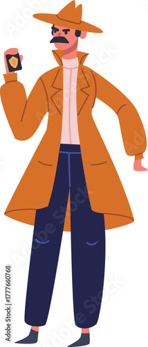 Cartoon man wearing trench coat and hat, holding badge