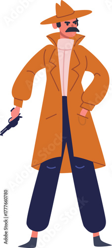 Detective man holding gun wearing trench coat and hat