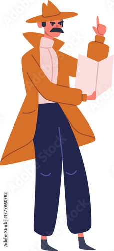 Detective solving mystery, finding clues, investigating case