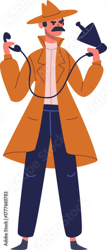 Detective investigating holding phone receiver and parabolic microphone