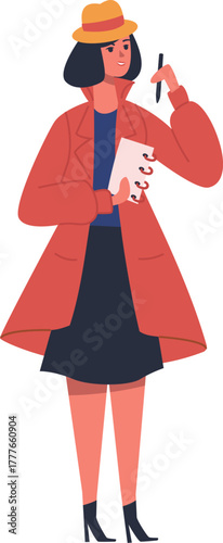 Female detective investigating case holding notepad and pen