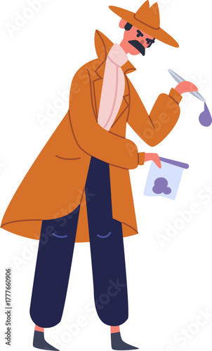 Detective man in trench coat holding dropper and evidence bag